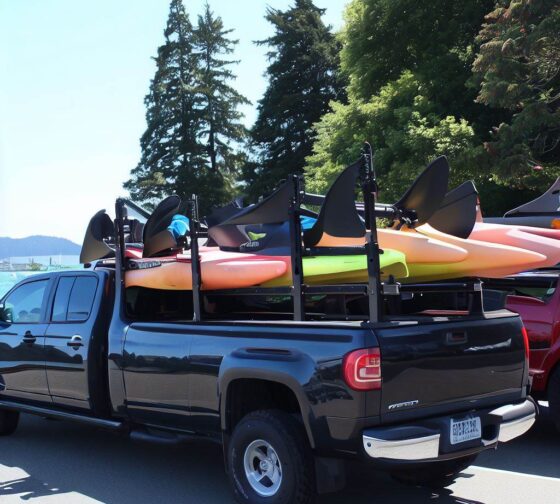 kayak and multiple trucks